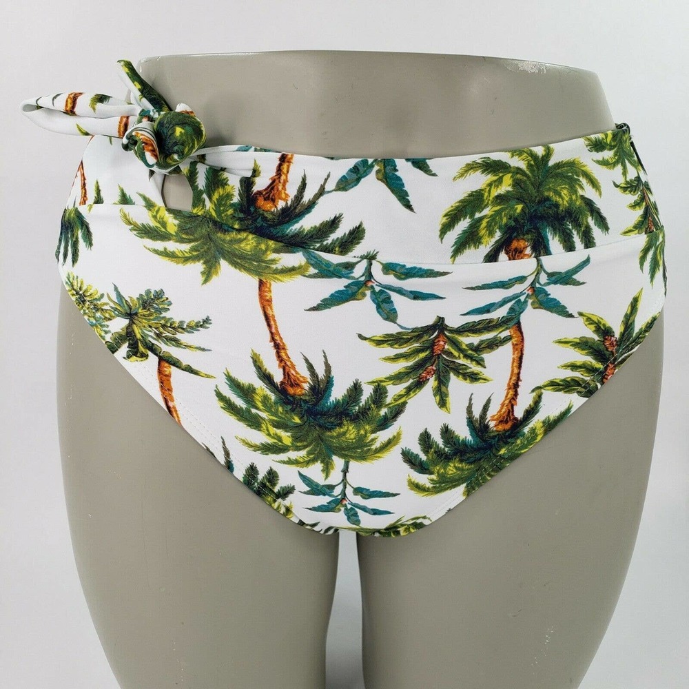 High Leg High Waist Bikini Bottom Juniors 3/5 Womens 0/2 Palm Print Tie Front
